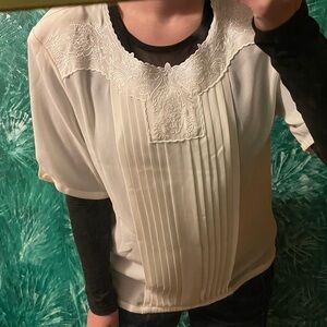 Jane Alexander Cream Short Sleeve Blouse with embroidered neckline and pleats